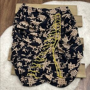 Bensoni Silk Black and Gold Patterned Ruched Tie-Up Mini Skirt